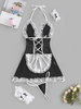 4Pcs Lace Insert Lace-up Apron Lingerie Maid Costume Set Black