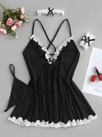 4Pcs Maid Costume Lace Insert Bowknot Lingerie Set S Black