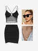4Pcs Outfits Mesh Panel Top and Ruched Skirt and Square Sunglasses and Layered Necklace Black