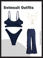 4Pcs Ribbed Cut Out High Cut Bikini Beach Swimwear Outfits Deep blue