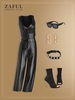 90s Button Up PU Vest Top and Wide Leg Pants Set Black