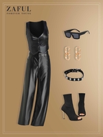 90s Button Up PU Vest Top and Wide Leg Pants Set Black