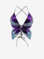 90s Colorful Sequins Butterfly Criss Cross Open Back Top M