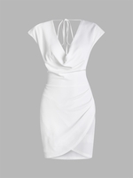 90s Cowl Front Tie Draped Ruched Mini Dress M White