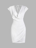 90s Cowl Front Tie Draped Ruched Mini Dress S White
