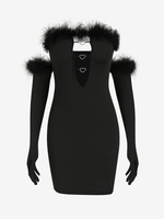 90s Detached Gloves Faux Fur Panel Heart Rings Cut Out Dress M Black