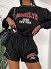 90s Letter Print Sweatshirt and Drawstring Shorts Set M Black