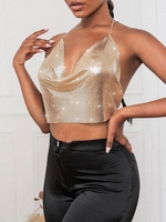90s Rhinestones Sparkle Chainmail Party Top M Golden