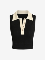 90s Ribbed Knit Contrast Polo Tank Top S Black