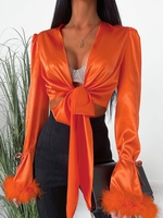 90s Satin Puff Sleeve Feather Trim Wrap Blouse L Orange