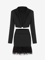 90s Shoulder Padded Crop Blazer with Feather Mini Skirt Set L Black