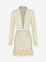 90s Shoulder Padded Crop Blazer with Feather Mini Skirt Set L Light coffee
