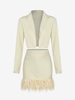 90s Shoulder Padded Crop Blazer with Feather Mini Skirt Set M Light coffee