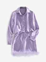90s Silky Button Down Shirt and Feather Trim Skirt Set M Light purple