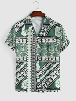 Abstract Geometry Pattern Button Up Shirt Xxl Dark forest green
