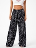 Abstract Print Belted Pleated Wide Leg Pants L Black