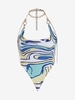 Abstract Print Chain Halter Neck Crop Top L Light blue