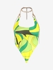 Abstract Print Chain Halter Neck Sleeveless Crop Top S Green