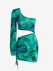 Abstract Print Cut Out Cinched One Shoulder Dress L Deep green