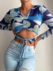 Abstract Print Cut Out Mesh Crop Top L Blue