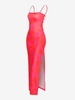 Abstract Print Lace Up High Split Bodycon Dress M Red