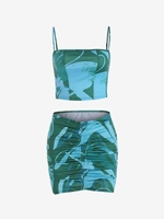 Abstract Print Ruched Mini Bodycon Skirt Set S Green