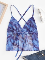 Abstract Print Sheer Mesh Backless Crop Top Blue