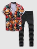 Abstract Print Shirt and Frayed Ripped Jeans Set Multi a