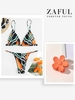 Abstract Print Tanga Bikini with Flower Design Hair Claw Black
