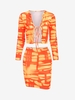 Abstract Print Tie Front Top and Skirt Set S Orange