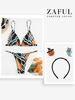 Abstract Print Triangular Tanga Bikini Swimwear With Halloween Costume Pumpkin Ghost Spider Headband Black