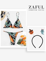 Abstract Print Triangular Tanga Bikini Swimwear With Halloween Costume Pumpkin Ghost Spider Headband Black
