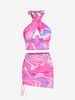 Abstract Print Underwired Halter Top and Side Cinched Skirt Set M Light pink