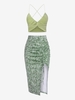Accordion Pleated Tiny Floral Cinched Two Piece Dress Light green