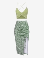 Accordion Pleated Tiny Floral Cinched Two Piece Dress Light green