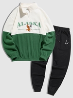 ALASKA Embroider Two Tone Polar Fleece Sweatshirt and Jogger Sweatpants Set Deep green