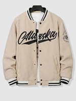 ALASKA Letter Graphic Faux Sherpa Fluffy Teddy Blokecore Baseball Jacket M Beige