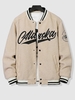 ALASKA Letter Graphic Faux Sherpa Fluffy Teddy Blokecore Baseball Jacket S Beige