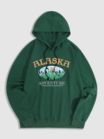 ALASKA Mountain Pattern Drawstring Hoodie L Deep green