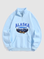 ALASKA Mountain Pattern Quater Zip Fleece-lined Sweatshirt L Light blue