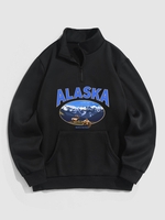 ALASKA Mountain Pattern Quater Zip Fleece-lined Sweatshirt M Black