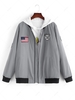 American Flag Embroidered Applique Reflective Zip Padded Bomber Jacket L Gray