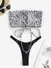 Animal Print Lace-up Bandeau Thong Bikini Swimwear Black