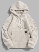 Applique Solid Color Faux Fur Half Zipper Drawstring Fluffy Hoodie 2xl Warm white