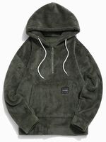 Applique Solid Color Faux Fur Half Zipper Drawstring Fluffy Hoodie S Army green