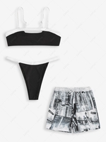 Architecture and Liberty Print Ribbed Couple Swimwear Black