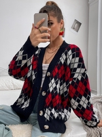 Argyle Button Up Cardigan S Deep blue