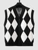 Argyle V Neck Button Up Sweater Vest Cradigan M Black