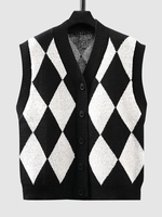 Argyle V Neck Button Up Sweater Vest Cradigan M Black