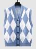 Argyle V Neck Button Up Sweater Vest Cradigan M Sky blue